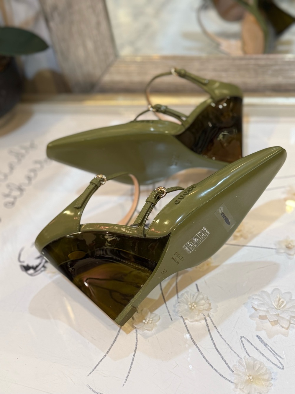 Gucci Olive Patent Leather Double-Strap Wedge Pumps - Picture 10 of 13